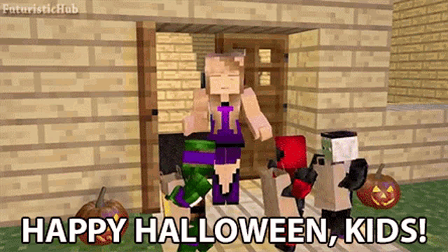 a group of minecraft characters are standing in front of a brick building and saying happy halloween kids
