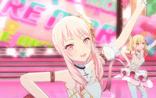 two anime girls are dancing on a stage in front of a sign that says return