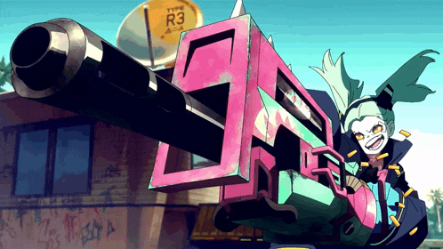 a cartoon drawing of a girl holding a gun with the letter r3 in the background