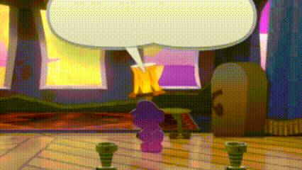 a cartoon character is standing in a living room with a speech bubble .