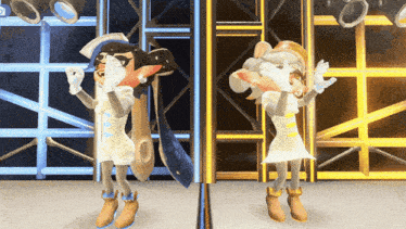 two cartoon characters are dancing on a stage in front of a sign that says ' a ' on it