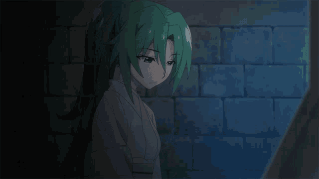 a girl with green hair is standing in front of a wall