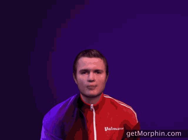 a man in a palmare jacket is standing in front of a purple background that says truly don 't care
