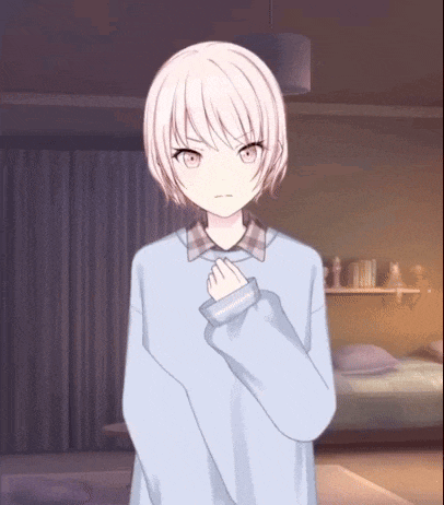a girl with white hair is standing in a bedroom