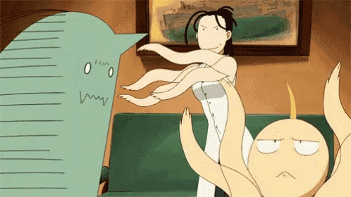 a cartoon of a woman standing next to a monster with the number 0 written on it