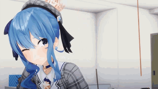 a 3d anime character with blue hair and a crown on her head