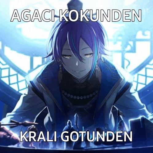 a picture of a man with purple hair and the words agaci kokunden krali gotunden on the bottom