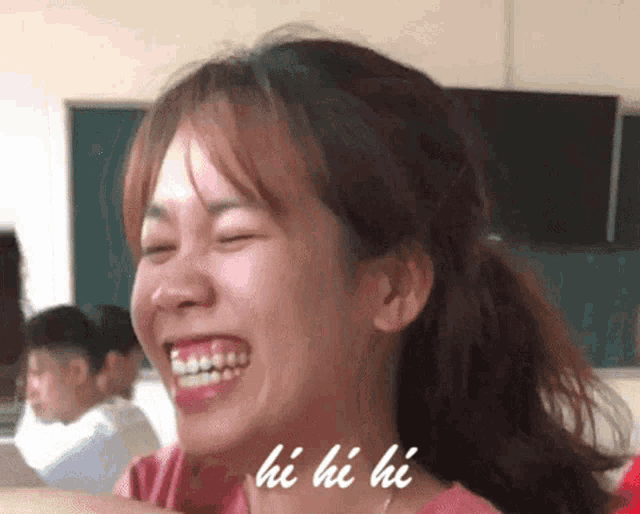a girl with braces on her teeth is laughing and the words hi hi hi are above her head