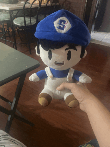 a person is holding a stuffed toy with the letter s on it 's hat