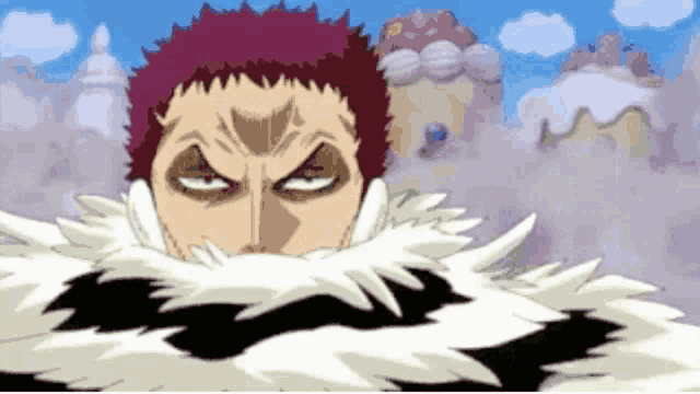 a cartoon character with a purple hair and a white furry collar