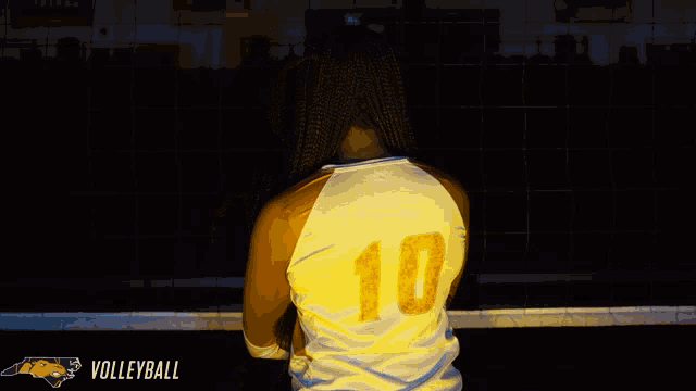 a woman wearing a volleyball jersey with the number 10 on the back