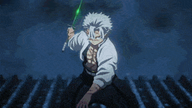 a man in a white shirt is holding a green sword
