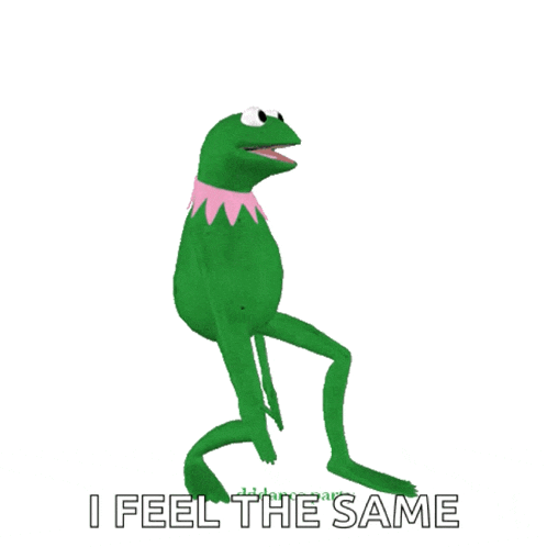 kermit the frog is dancing with the words " i feel the same " below him