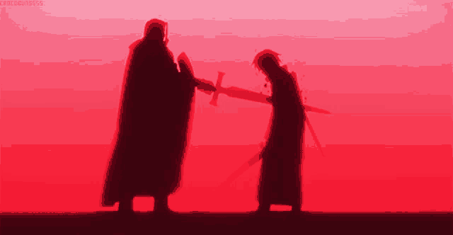 a man holding a sword stands next to another man in a red background with mbs written on the bottom