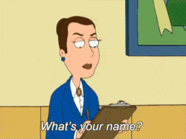 a cartoon of a woman holding a clipboard and asking what 's your name