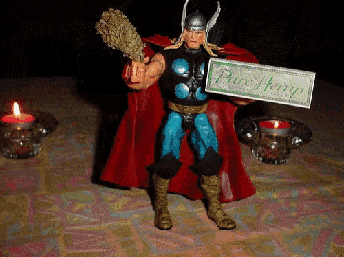 a toy thor holding a sign that says " pure hemp "