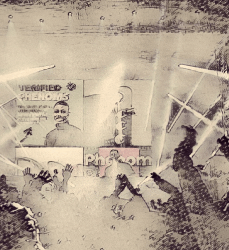 a drawing of a man standing in front of a sign that says verified phenomena