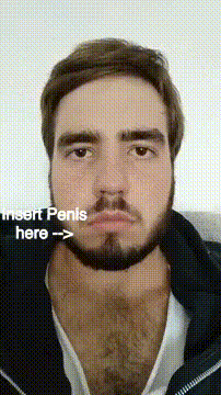 a man with a beard is looking at the camera with the words insert penis here below his face