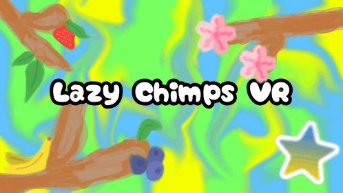 a poster for lazy chimps vr shows a tree branch with fruit and flowers