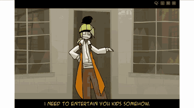 a cartoon of a man standing in front of a door with the words i need to entertain you kids somehow