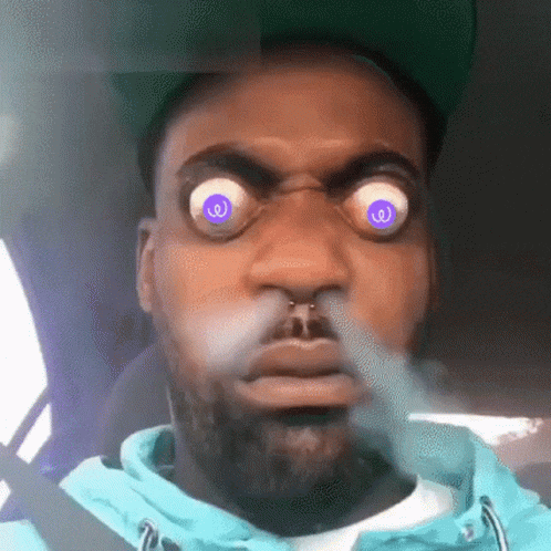a man wearing a green hat and a blue jacket is blowing smoke out of his mouth