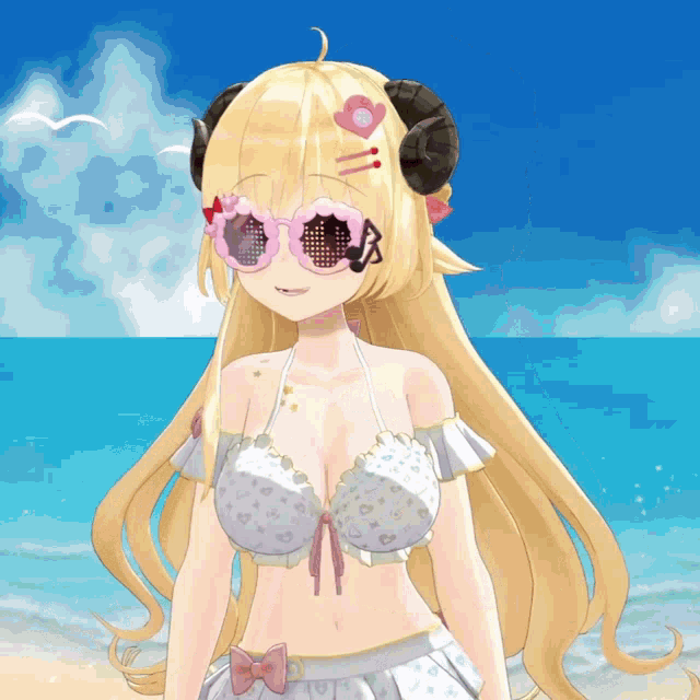a blonde anime girl wearing sunglasses and a bikini top