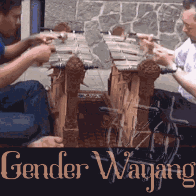 a poster that says gender wayang with two men playing instruments