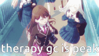 a group of anime girls are walking down a bridge with the words therapy gc is peak behind them