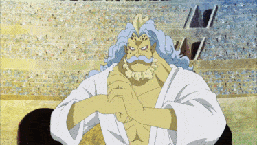 a cartoon character with a white shirt and blue hair stands in front of a crowd