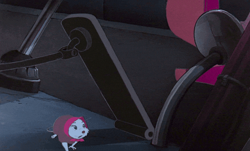 a cartoon of a girl in a red hood standing next to a pink seat