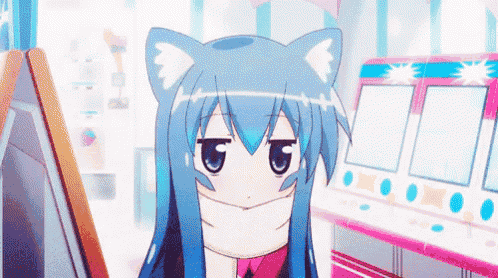 a girl with blue hair and cat ears is standing in front of an arcade machine .
