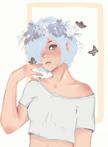 a drawing of a girl with flowers in her hair and butterflies