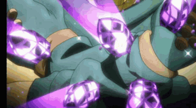 a person is holding a bunch of purple diamonds in their hands