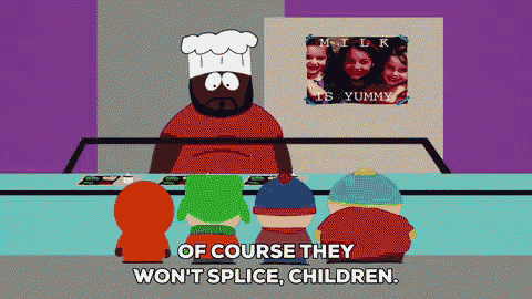 a group of south park characters sitting at a table with a man in a chef 's hat
