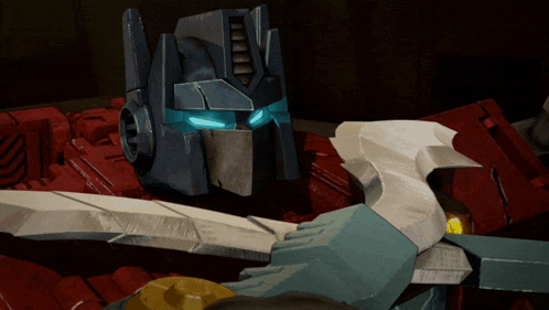 a transformer holding a sword in front of another robot