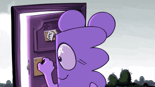 a purple cartoon character is writing on a piece of paper