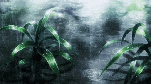 a painting of a plant in the rain with a watermark that starts with the letter e