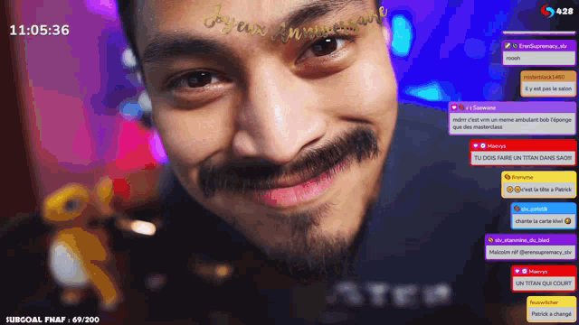 a man 's face is displayed on a screen that says subgoal fnaf at the bottom