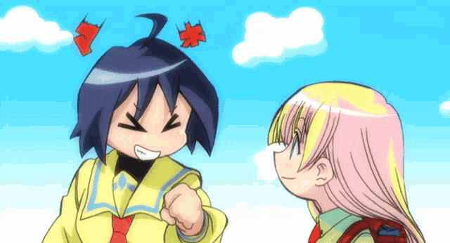 a cartoon girl with a red heart on her head stands next to a girl with pink hair