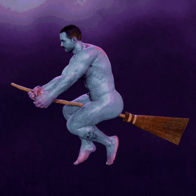 a naked man is flying on a broom in the dark