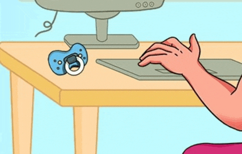 a cartoon of a person sitting at a desk with a pacifier and a computer .
