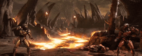 a video game scene with two soldiers standing in front of a lava river