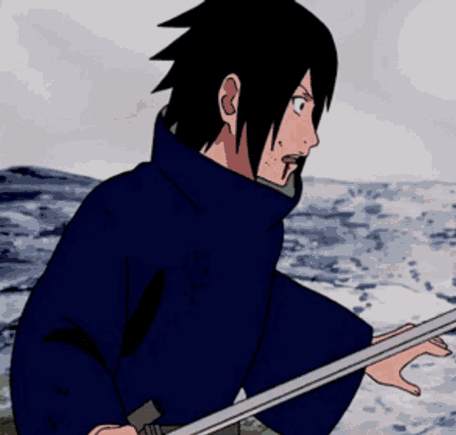 a cartoon of a man holding a sword in front of a body of water