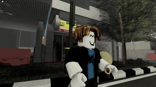a roblox character is standing in front of a building with a sign that says ' eastern ' on it