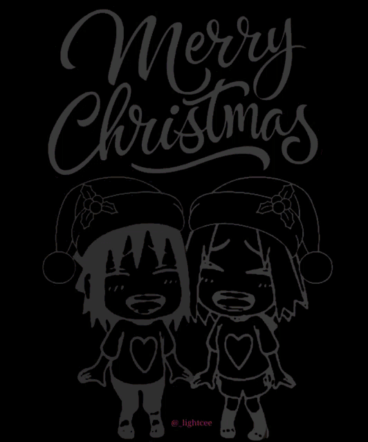 a neon sign that says merry christmas with two girls wearing santa hats