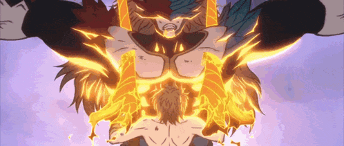 a man is being attacked by a monster with flames coming out of his chest and arms .