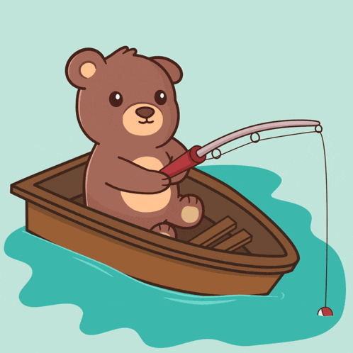 a teddy bear is fishing in a boat