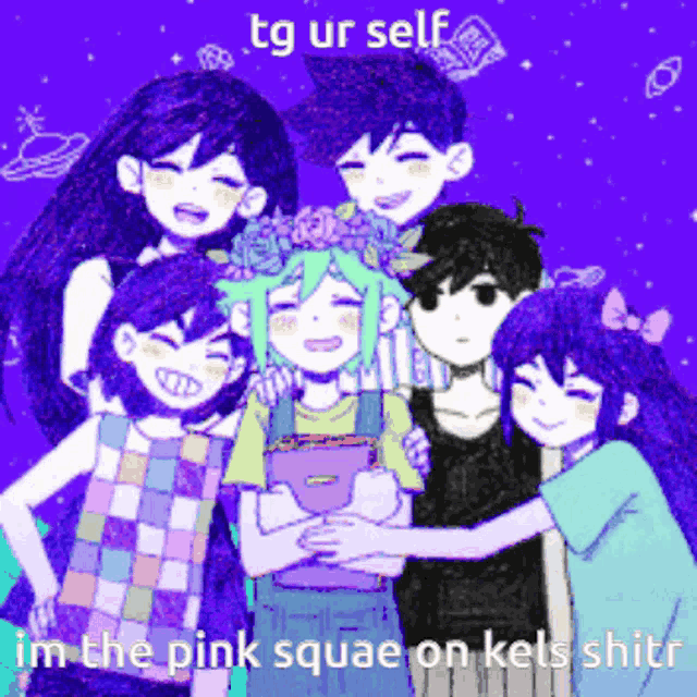 a group of anime characters are posing for a picture with the caption tg ur self