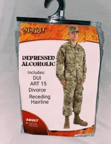 a package of a depressed alcoholic costume for adults