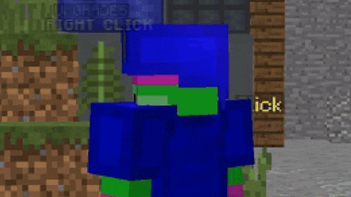 a blue and green minecraft character standing in front of a sign that says upgrades